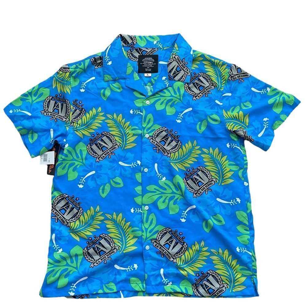 Nwt my‎ hero, academia, button-down Hawaiian blue short sleeve